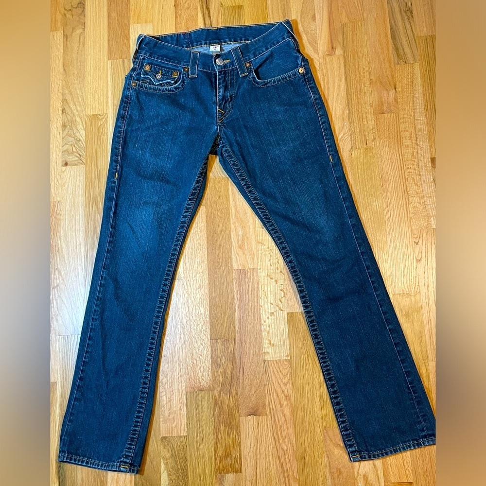 True Religion Jeans Mid Rise Straight Flap Orange Red Thick Stitch Womens 29